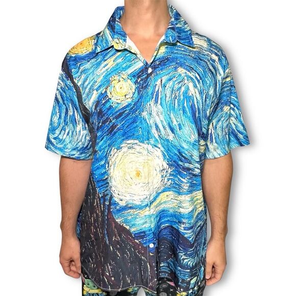 Men’s Blue and Yellow Casual Button Down Shirt with Starry Night Design XXL - Picture 1 of 6